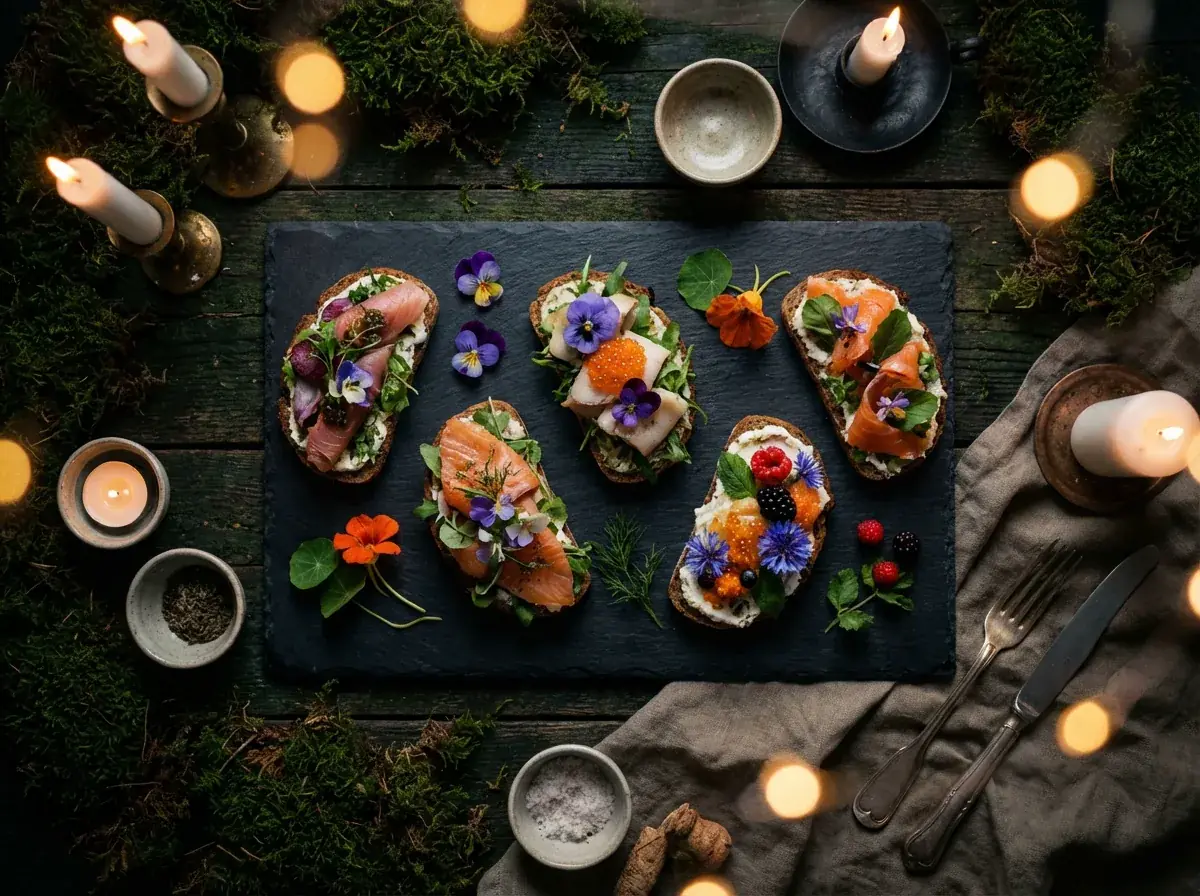 Smørrebrød serveret på et langbord med levende lys og mos omkring.